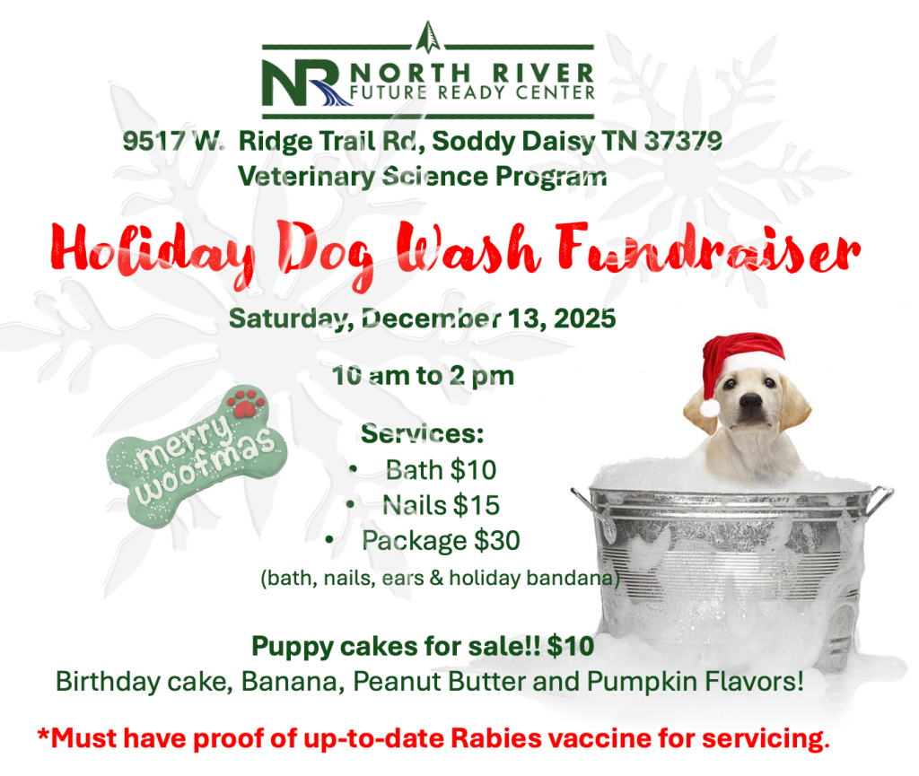 Holiday Dog Wash Fundraiser Flyer; has dog in tub with bubbles and details about the event.